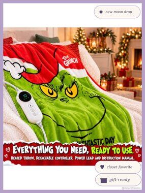Bedding | Grinch Heated Throw Blanket 5x65 Fleece Sherpa Electric ...